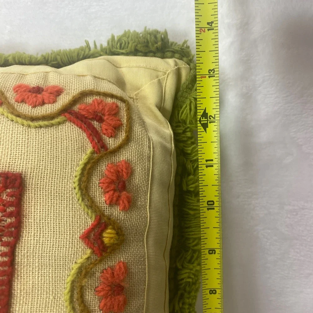 Vintage Embroidered Needlepoint Floral Pillow Square Boho Shabby Chic